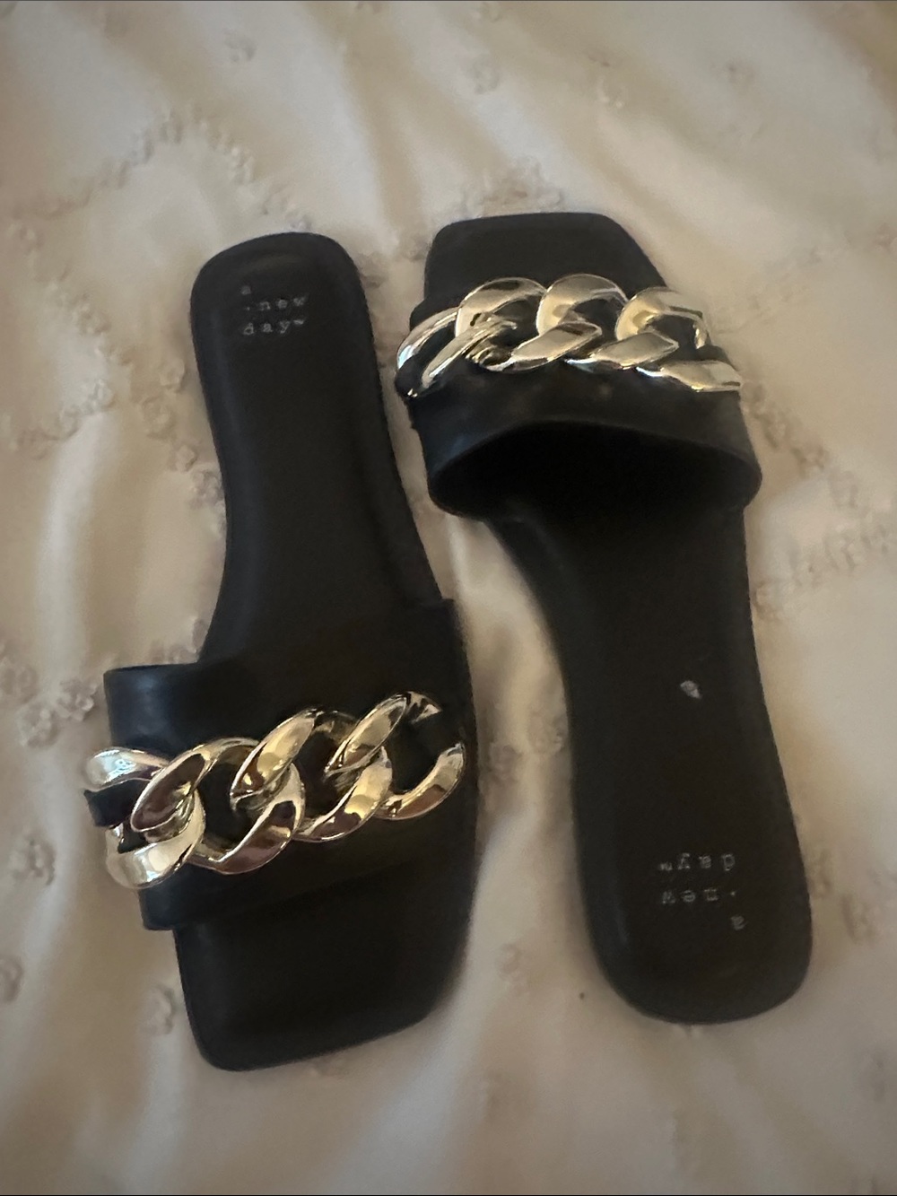 a new day Black Slide Sandals with Chunky Gold Chain